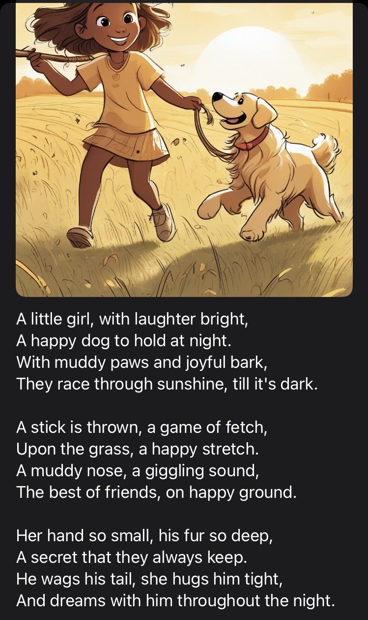 Illustrated children's poem about a girl playing fetch with her golden retriever in a sunlit field