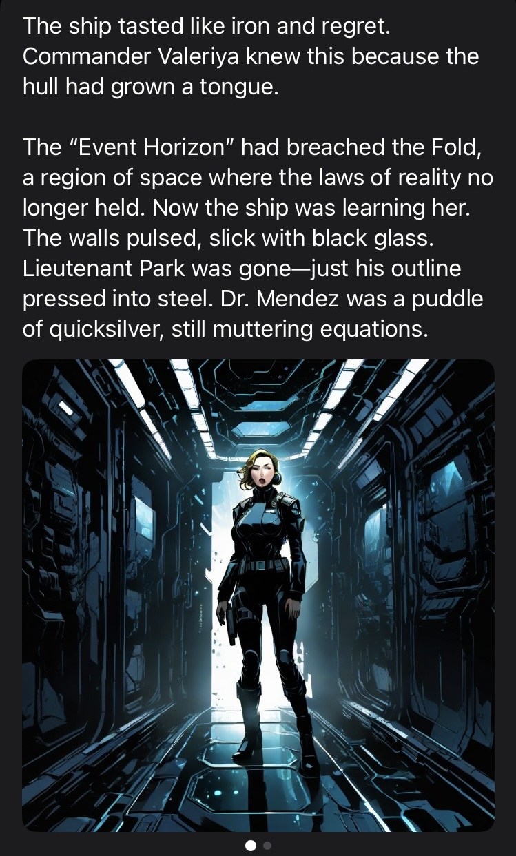 Sci-fi story excerpt with an original character design of Commander Valeriya in a dark starship corridor