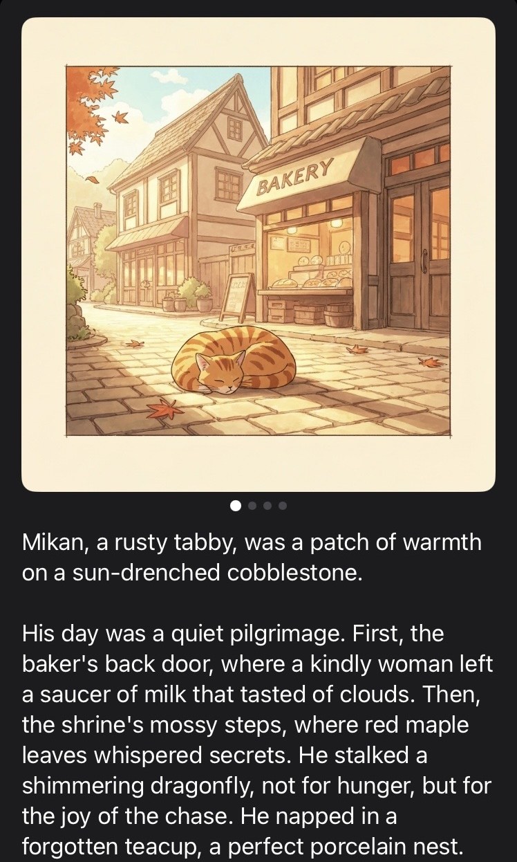 Watercolor illustration of Mikan the tabby cat napping on cobblestones outside a village bakery