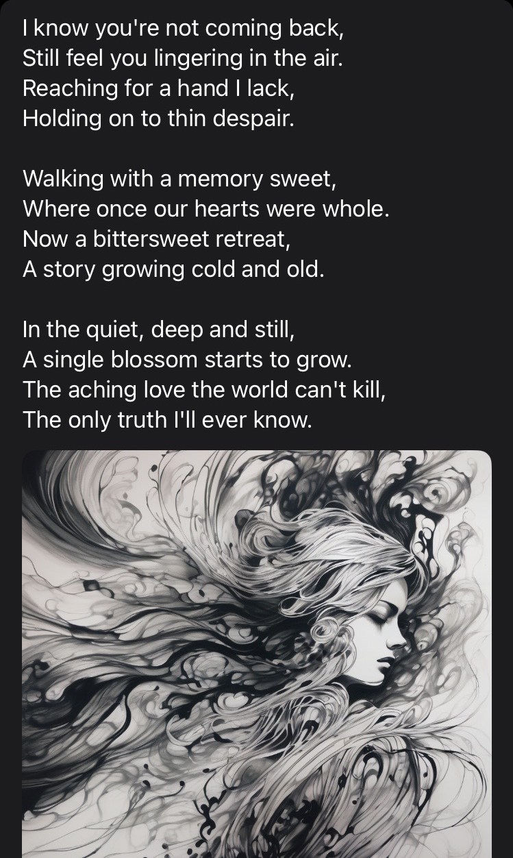Poem about love and loss with a black-and-white ink portrait of a woman, her hair dissolving into swirling strands