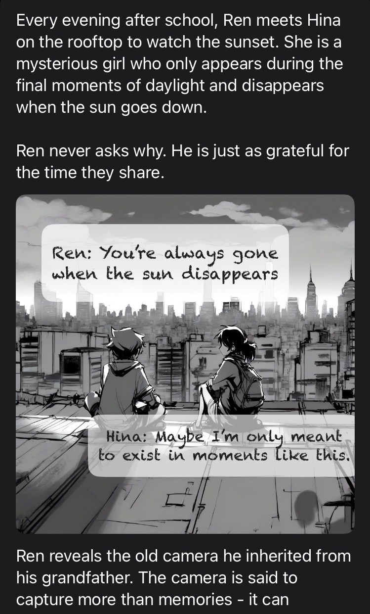 Black-and-white manga panel of Ren and Hina sitting on a rooftop at sunset, with dialogue boxes