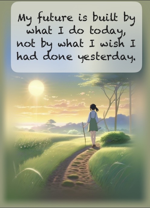 Daily affirmation card paired with an illustration of a girl walking a path toward the sunrise